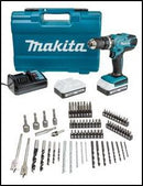 Makita HP457DWE10 Trapano Avvitatore con Percussione 2x18 V 1,5 Ah Li + 74 Accessori + Valigetta